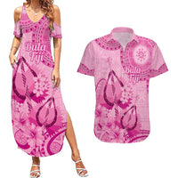 Pink Bula Fiji Couples Matching Summer Maxi Dress and Hawaiian Shirt Fijian Dance Fan Tapa Cloth Pattern LT14 Pink - Polynesian Pride