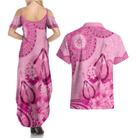 Pink Bula Fiji Couples Matching Summer Maxi Dress and Hawaiian Shirt Fijian Dance Fan Tapa Cloth Pattern LT14 - Polynesian Pride
