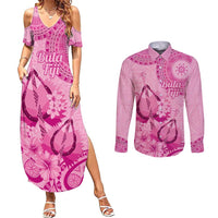 Pink Bula Fiji Couples Matching Summer Maxi Dress and Long Sleeve Button Shirt Fijian Dance Fan Tapa Cloth Pattern LT14 Pink - Polynesian Pride