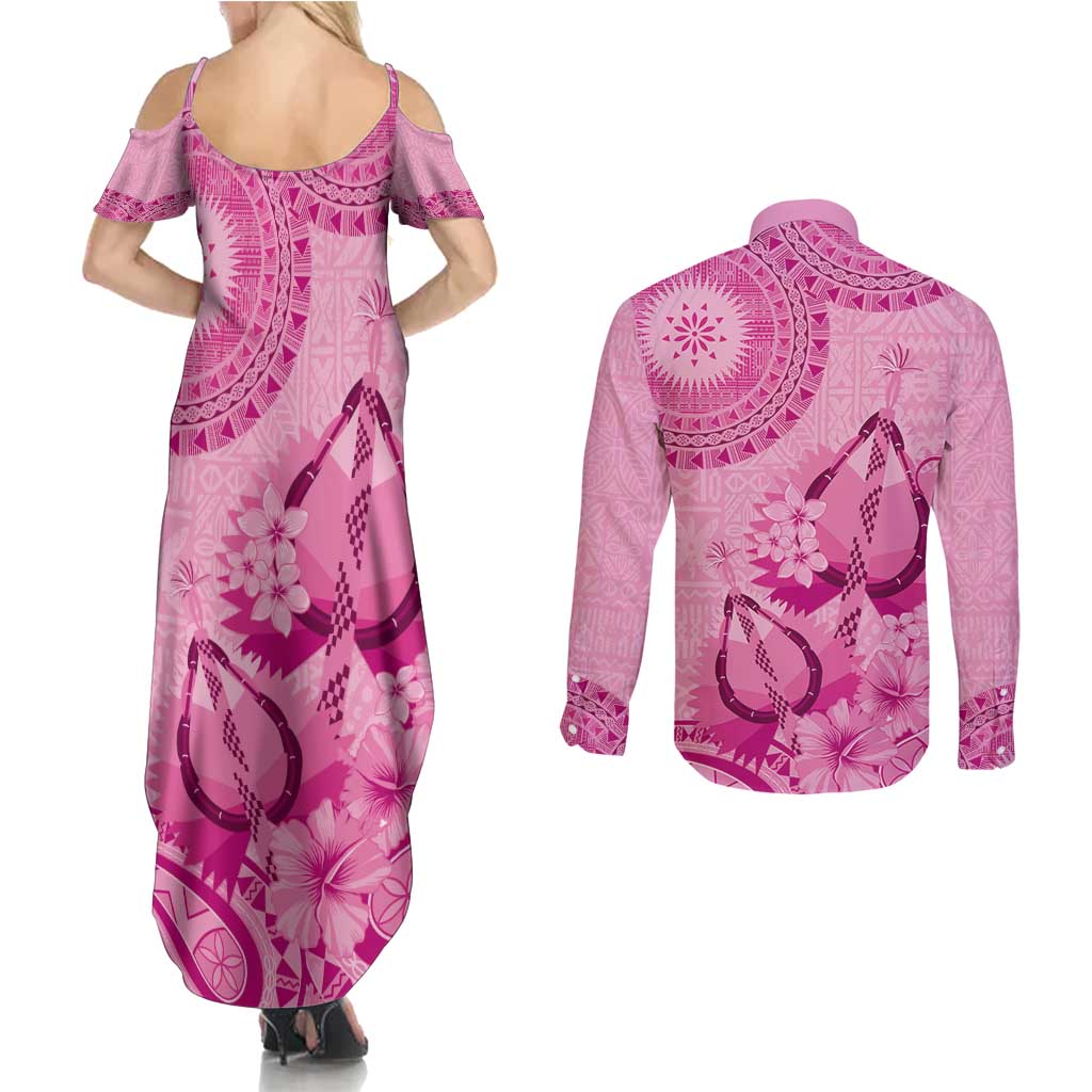 Pink Bula Fiji Couples Matching Summer Maxi Dress and Long Sleeve Button Shirt Fijian Dance Fan Tapa Cloth Pattern LT14 - Polynesian Pride