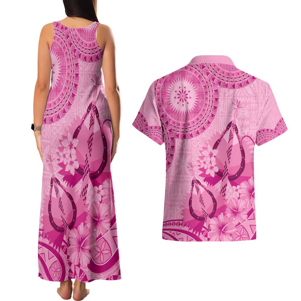 Pink Bula Fiji Couples Matching Tank Maxi Dress and Hawaiian Shirt Fijian Dance Fan Tapa Cloth Pattern LT14 - Polynesian Pride