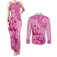 Pink Bula Fiji Couples Matching Tank Maxi Dress and Long Sleeve Button Shirt Fijian Dance Fan Tapa Cloth Pattern LT14 Pink - Polynesian Pride