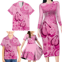 Pink Bula Fiji Family Matching Long Sleeve Bodycon Dress and Hawaiian Shirt Fijian Dance Fan Tapa Cloth Pattern LT14 - Polynesian Pride