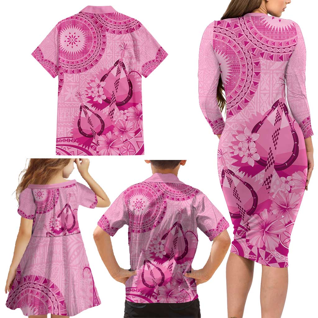 Pink Bula Fiji Family Matching Long Sleeve Bodycon Dress and Hawaiian Shirt Fijian Dance Fan Tapa Cloth Pattern LT14 - Polynesian Pride