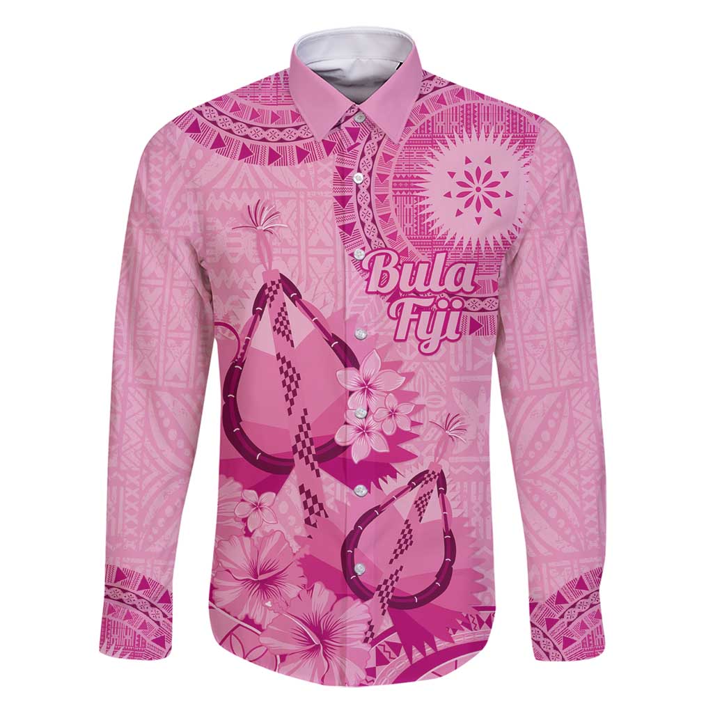 Pink Bula Fiji Family Matching Long Sleeve Bodycon Dress and Hawaiian Shirt Fijian Dance Fan Tapa Cloth Pattern LT14 Dad's Shirt - Long Sleeve Pink - Polynesian Pride