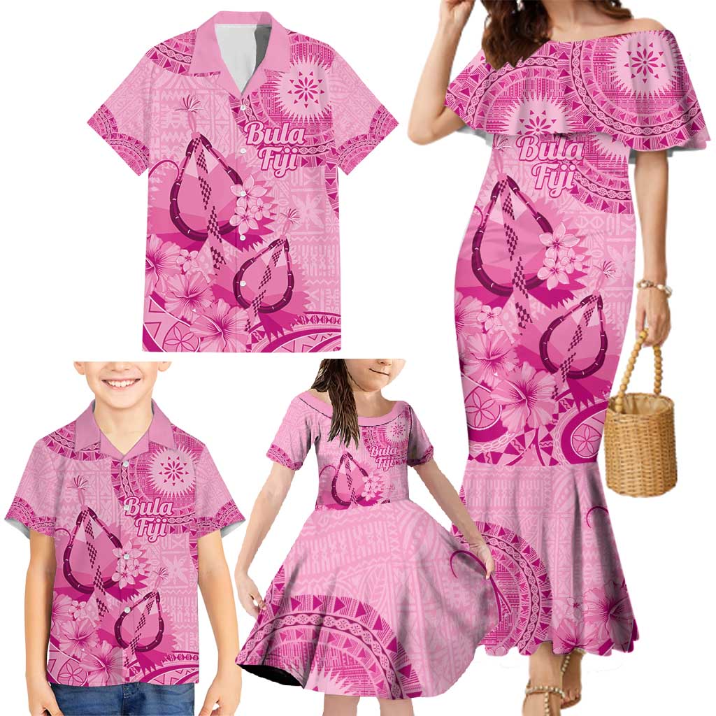 Pink Bula Fiji Family Matching Mermaid Dress and Hawaiian Shirt Fijian Dance Fan Tapa Cloth Pattern LT14 - Polynesian Pride