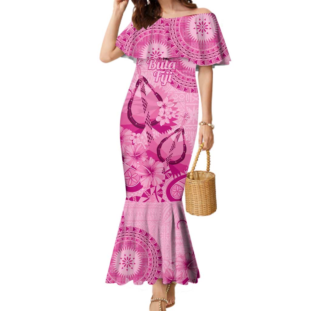 Pink Bula Fiji Family Matching Mermaid Dress and Hawaiian Shirt Fijian Dance Fan Tapa Cloth Pattern LT14 Mom's Dress Pink - Polynesian Pride