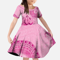 Pink Bula Fiji Family Matching Off The Shoulder Long Sleeve Dress and Hawaiian Shirt Fijian Dance Fan Tapa Cloth Pattern LT14 Daughter's Dress Pink - Polynesian Pride