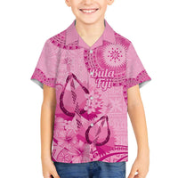 Pink Bula Fiji Family Matching Off The Shoulder Long Sleeve Dress and Hawaiian Shirt Fijian Dance Fan Tapa Cloth Pattern LT14 Son's Shirt Pink - Polynesian Pride