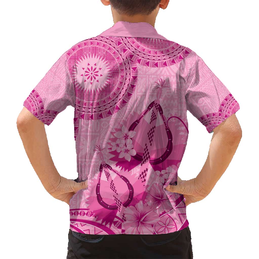 Pink Bula Fiji Family Matching Off Shoulder Maxi Dress and Hawaiian Shirt Fijian Dance Fan Tapa Cloth Pattern LT14 - Polynesian Pride