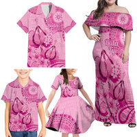 Pink Bula Fiji Family Matching Off Shoulder Maxi Dress and Hawaiian Shirt Fijian Dance Fan Tapa Cloth Pattern LT14 - Polynesian Pride