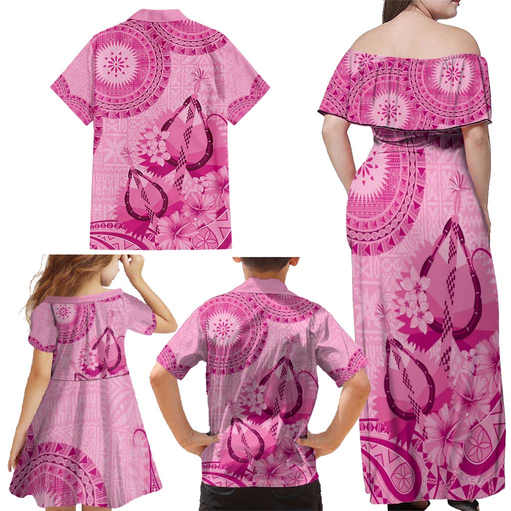 Pink Bula Fiji Family Matching Off Shoulder Maxi Dress and Hawaiian Shirt Fijian Dance Fan Tapa Cloth Pattern LT14 - Polynesian Pride