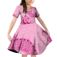 Pink Bula Fiji Family Matching Off Shoulder Short Dress and Hawaiian Shirt Fijian Dance Fan Tapa Cloth Pattern LT14 Daughter's Dress Pink - Polynesian Pride