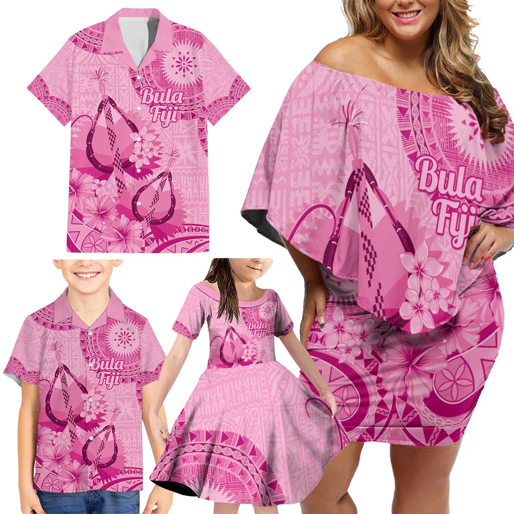 Pink Bula Fiji Family Matching Off Shoulder Short Dress and Hawaiian Shirt Fijian Dance Fan Tapa Cloth Pattern LT14 - Polynesian Pride