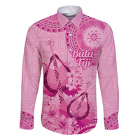 Pink Bula Fiji Family Matching Short Sleeve Bodycon Dress and Hawaiian Shirt Fijian Dance Fan Tapa Cloth Pattern LT14 Dad's Shirt - Long Sleeve Pink - Polynesian Pride
