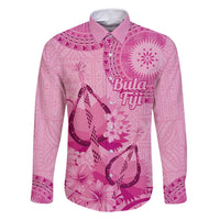 Pink Bula Fiji Family Matching Tank Maxi Dress and Hawaiian Shirt Fijian Dance Fan Tapa Cloth Pattern LT14 Dad's Shirt - Long Sleeve Pink - Polynesian Pride