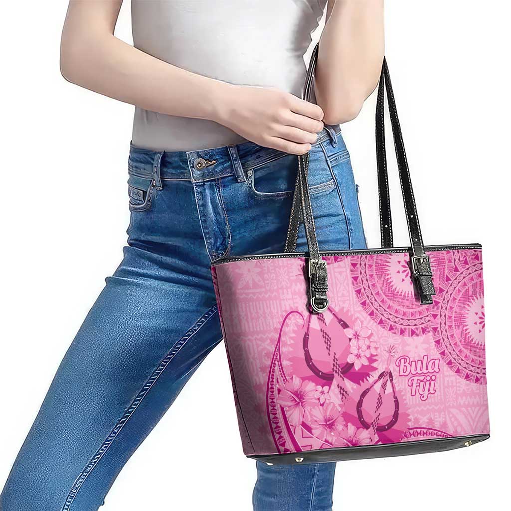 Pink Bula Fiji Leather Tote Bag Fijian Dance Fan Tapa Cloth Pattern