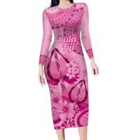 Pink Bula Fiji Long Sleeve Bodycon Dress Fijian Dance Fan Tapa Cloth Pattern LT14 Long Dress Pink - Polynesian Pride
