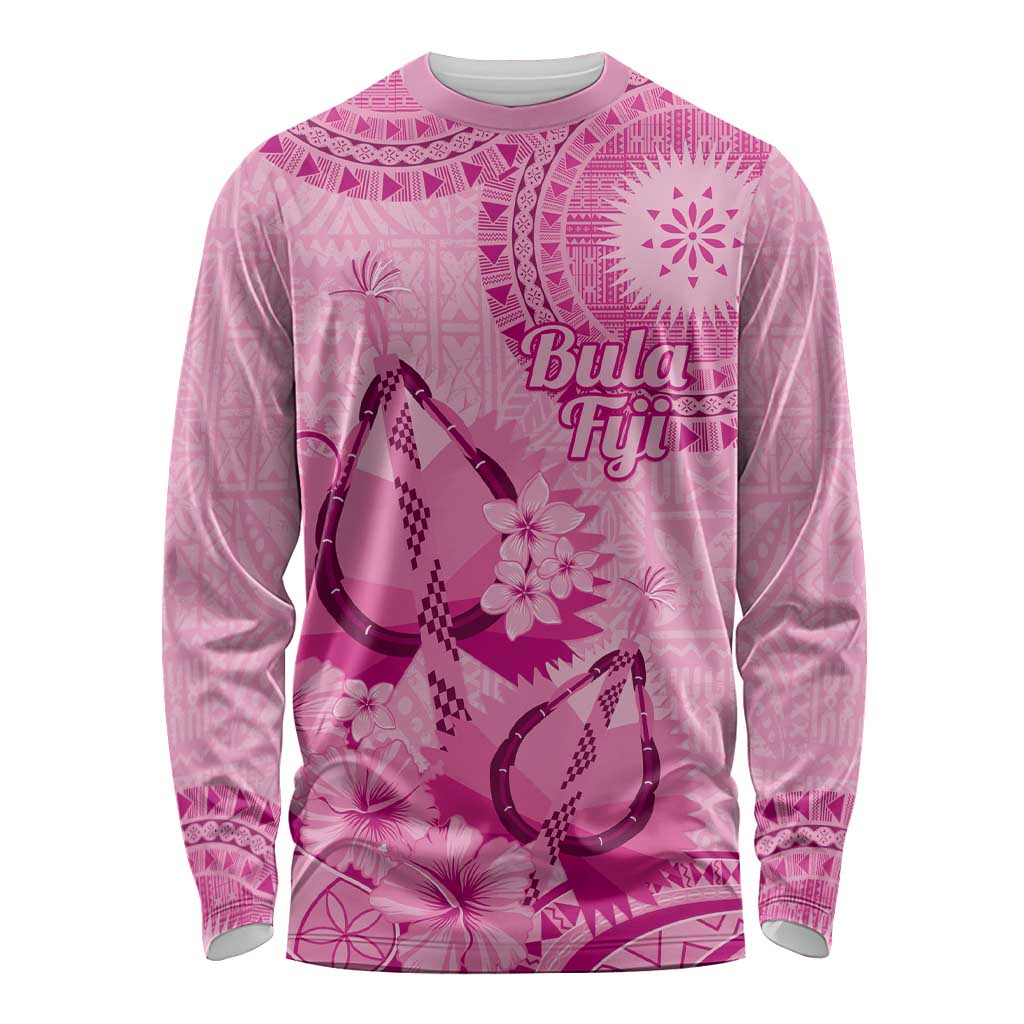 Pink Bula Fiji Long Sleeve Shirt Fijian Dance Fan Tapa Cloth Pattern LT14 Unisex Pink - Polynesian Pride
