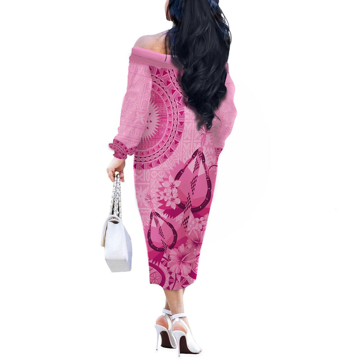 Pink Bula Fiji Off The Shoulder Long Sleeve Dress Fijian Dance Fan Tapa Cloth Pattern LT14 - Polynesian Pride