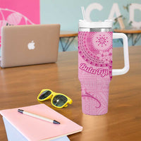 Pink Bula Fiji Tumbler With Handle Fijian Dance Fan Tapa Cloth Pattern