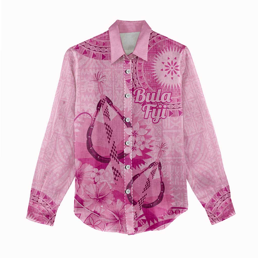 Pink Bula Fiji Women Casual Shirt Fijian Dance Fan Tapa Cloth Pattern LT14 - Polynesian Pride