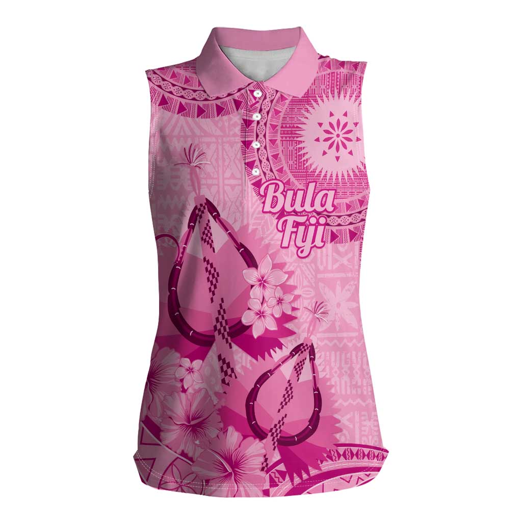 Pink Bula Fiji Women Sleeveless Polo Shirt Fijian Dance Fan Tapa Cloth Pattern LT14 Female Pink - Polynesian Pride