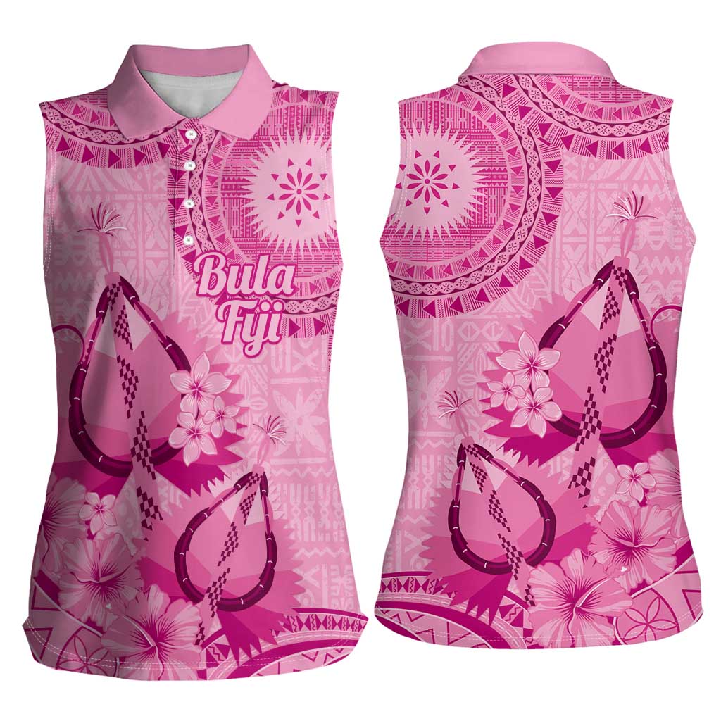 Pink Bula Fiji Women Sleeveless Polo Shirt Fijian Dance Fan Tapa Cloth Pattern LT14 - Polynesian Pride