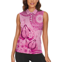 Pink Bula Fiji Women Sleeveless Polo Shirt Fijian Dance Fan Tapa Cloth Pattern LT14 - Polynesian Pride