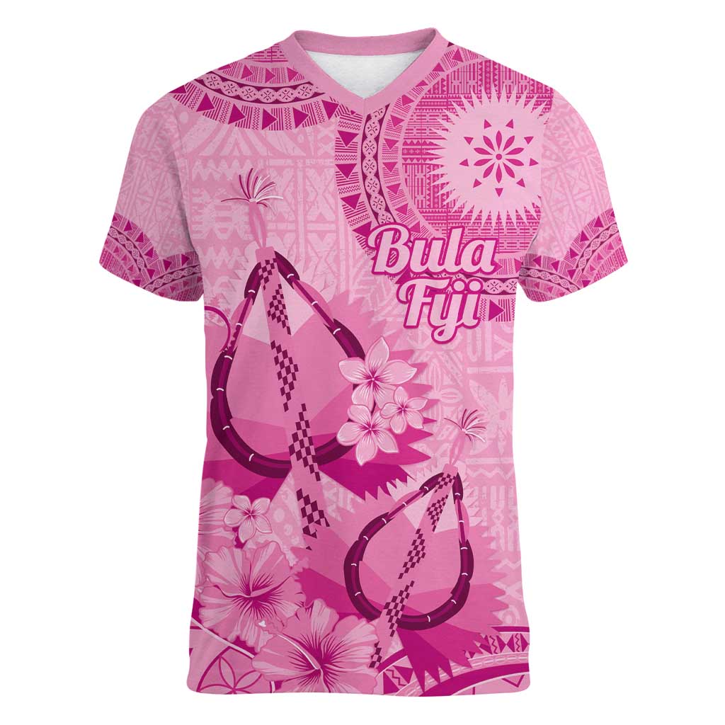 Pink Bula Fiji Women V-Neck T-Shirt Fijian Dance Fan Tapa Cloth Pattern LT14 Female Pink - Polynesian Pride