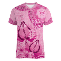 Pink Bula Fiji Women V-Neck T-Shirt Fijian Dance Fan Tapa Cloth Pattern LT14 Female Pink - Polynesian Pride