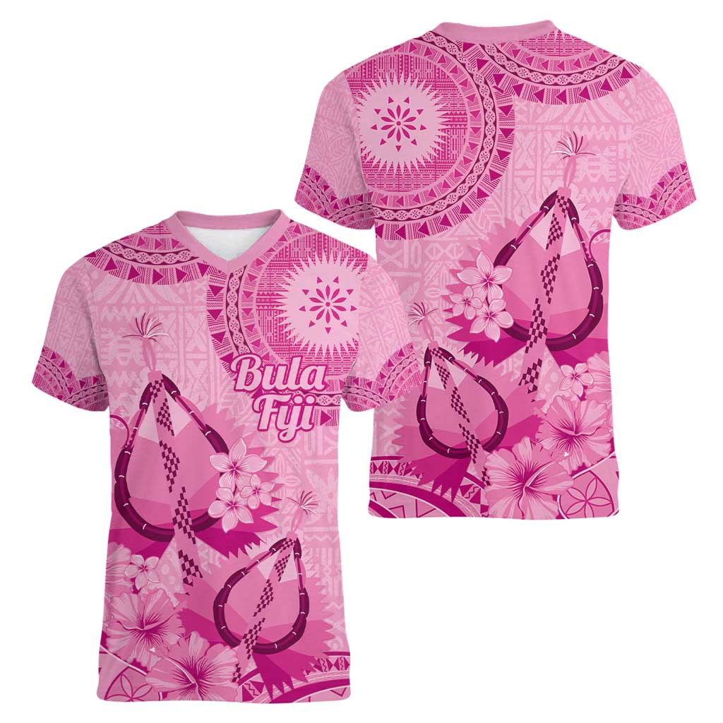 Pink Bula Fiji Women V-Neck T-Shirt Fijian Dance Fan Tapa Cloth Pattern LT14 - Polynesian Pride