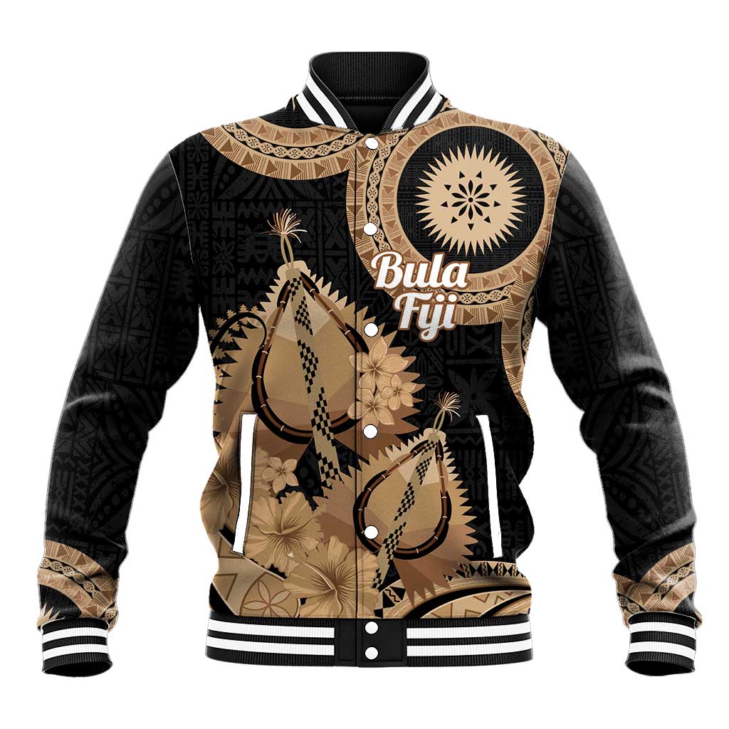 Black Bula Fiji Baseball Jacket Fijian Dance Fan Tapa Cloth Pattern LT14 Unisex Black - Polynesian Pride