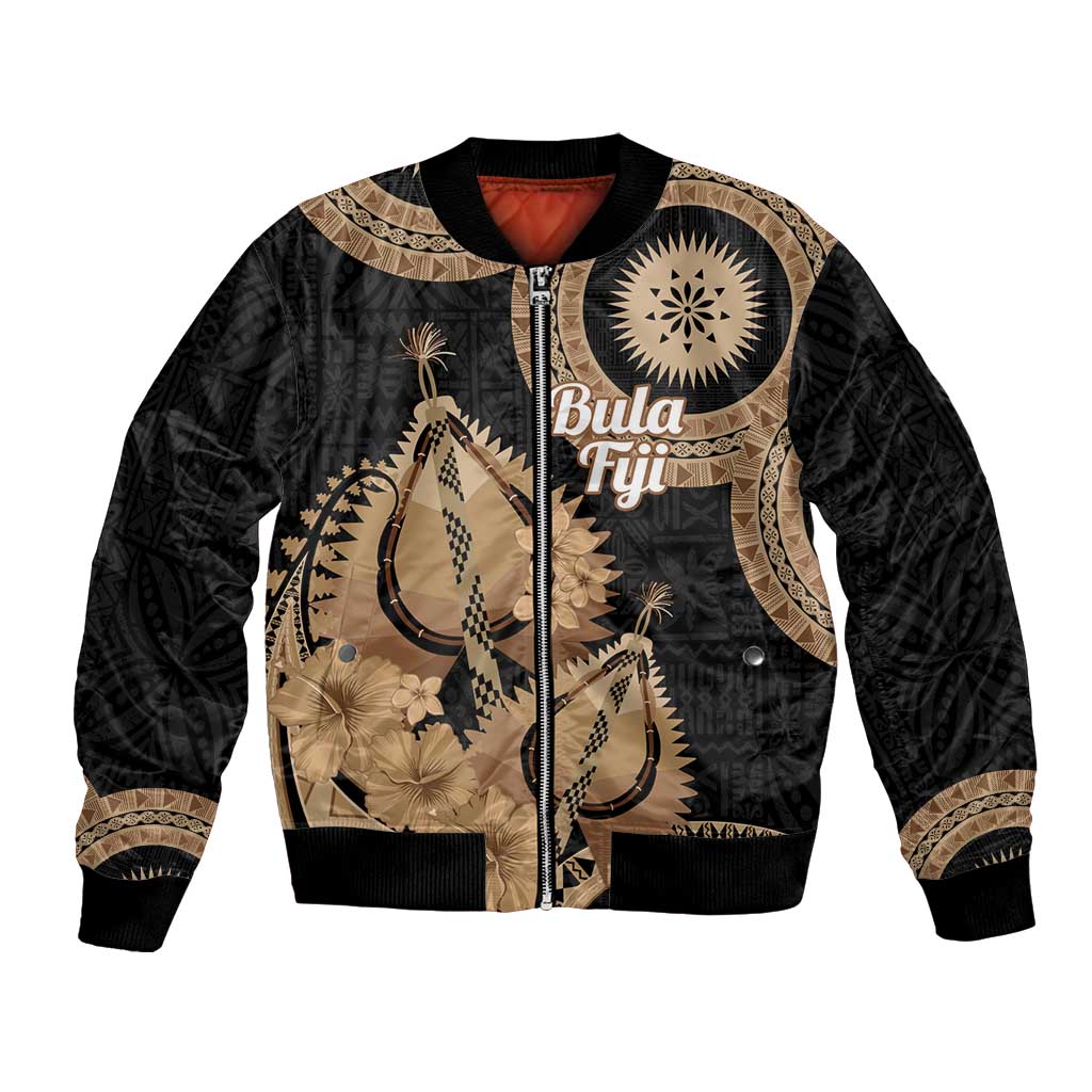 Black Bula Fiji Bomber Jacket Fijian Dance Fan Tapa Cloth Pattern LT14 Unisex Black - Polynesian Pride