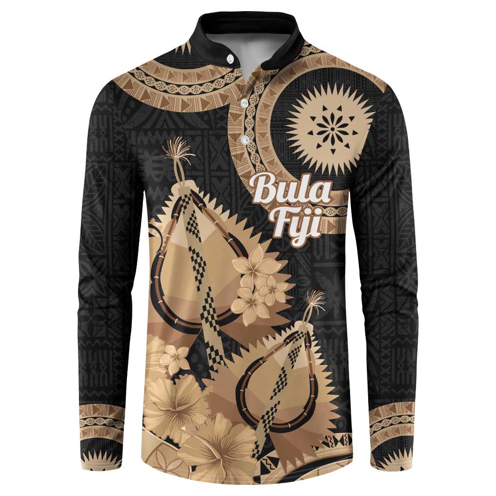Black Bula Fiji Button Sweatshirt Fijian Dance Fan Tapa Cloth Pattern LT14 Black - Polynesian Pride