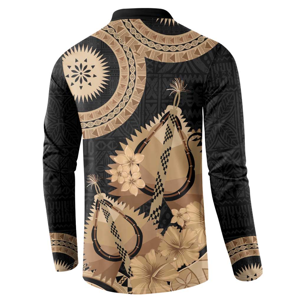 Black Bula Fiji Button Sweatshirt Fijian Dance Fan Tapa Cloth Pattern LT14 - Polynesian Pride
