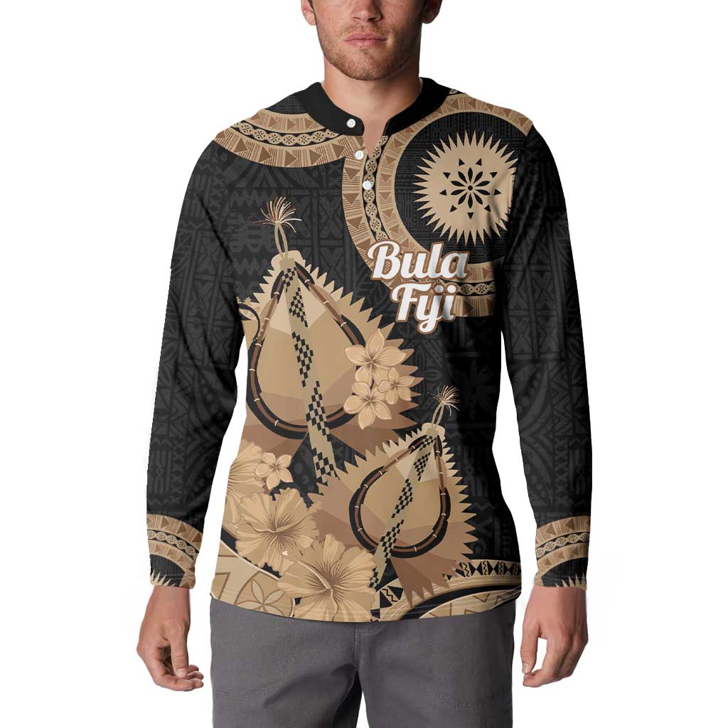 Black Bula Fiji Button Sweatshirt Fijian Dance Fan Tapa Cloth Pattern LT14 - Polynesian Pride