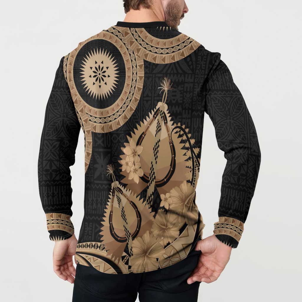 Black Bula Fiji Button Sweatshirt Fijian Dance Fan Tapa Cloth Pattern LT14 - Polynesian Pride