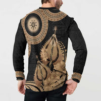 Black Bula Fiji Button Sweatshirt Fijian Dance Fan Tapa Cloth Pattern LT14 - Polynesian Pride