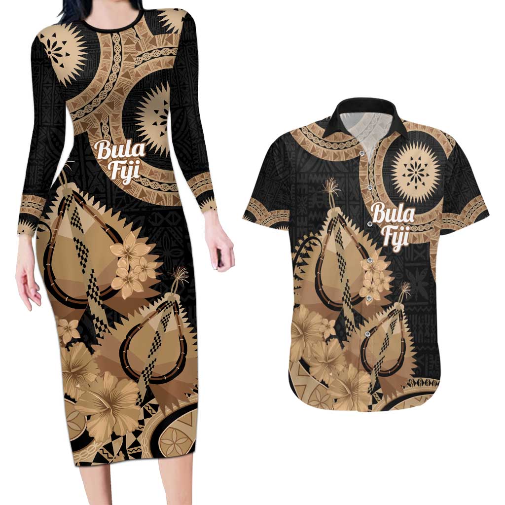 Black Bula Fiji Couples Matching Long Sleeve Bodycon Dress and Hawaiian Shirt Fijian Dance Fan Tapa Cloth Pattern LT14 Black - Polynesian Pride