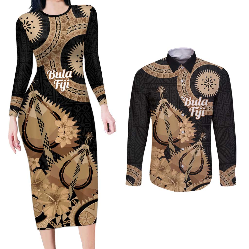 Black Bula Fiji Couples Matching Long Sleeve Bodycon Dress and Long Sleeve Button Shirt Fijian Dance Fan Tapa Cloth Pattern LT14 Black - Polynesian Pride