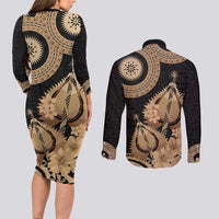 Black Bula Fiji Couples Matching Long Sleeve Bodycon Dress and Long Sleeve Button Shirt Fijian Dance Fan Tapa Cloth Pattern LT14 - Polynesian Pride