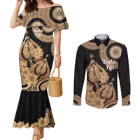 Black Bula Fiji Couples Matching Mermaid Dress and Long Sleeve Button Shirt Fijian Dance Fan Tapa Cloth Pattern LT14 Black - Polynesian Pride