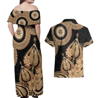 Black Bula Fiji Couples Matching Off Shoulder Maxi Dress and Hawaiian Shirt Fijian Dance Fan Tapa Cloth Pattern LT14 - Polynesian Pride