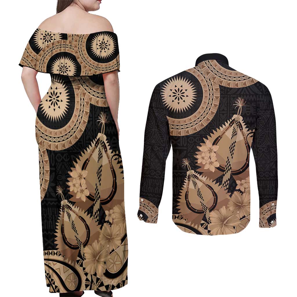 Black Bula Fiji Couples Matching Off Shoulder Maxi Dress and Long Sleeve Button Shirt Fijian Dance Fan Tapa Cloth Pattern LT14 - Polynesian Pride