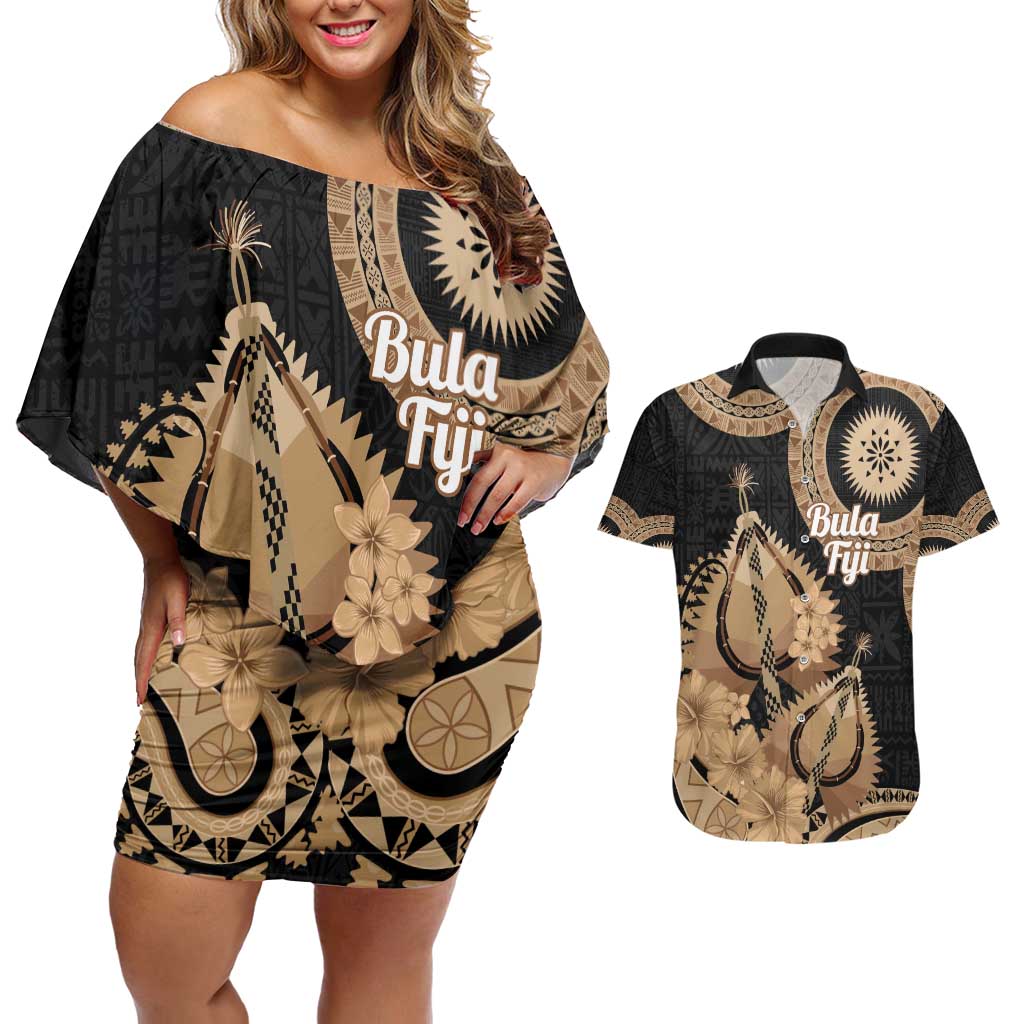 Black Bula Fiji Couples Matching Off Shoulder Short Dress and Hawaiian Shirt Fijian Dance Fan Tapa Cloth Pattern LT14 Black - Polynesian Pride