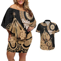 Black Bula Fiji Couples Matching Off Shoulder Short Dress and Hawaiian Shirt Fijian Dance Fan Tapa Cloth Pattern LT14 Black - Polynesian Pride