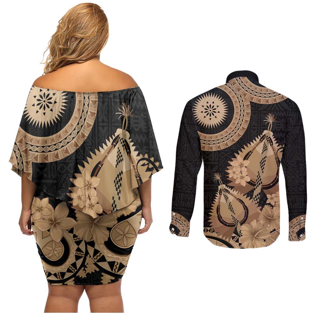 Black Bula Fiji Couples Matching Off Shoulder Short Dress and Long Sleeve Button Shirt Fijian Dance Fan Tapa Cloth Pattern LT14 - Polynesian Pride
