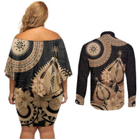 Black Bula Fiji Couples Matching Off Shoulder Short Dress and Long Sleeve Button Shirt Fijian Dance Fan Tapa Cloth Pattern LT14 - Polynesian Pride