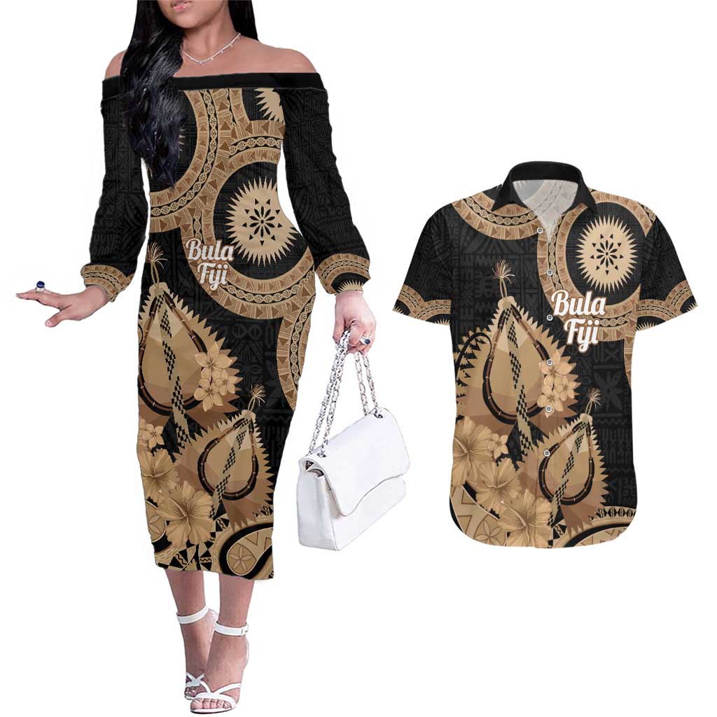 Black Bula Fiji Couples Matching Off The Shoulder Long Sleeve Dress and Hawaiian Shirt Fijian Dance Fan Tapa Cloth Pattern LT14 Black - Polynesian Pride